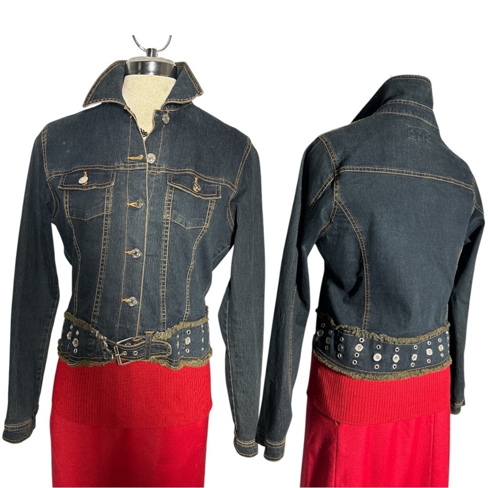 ILLEGAL JEANS Stylish Black Denim Jacket with Studs Belt Size L